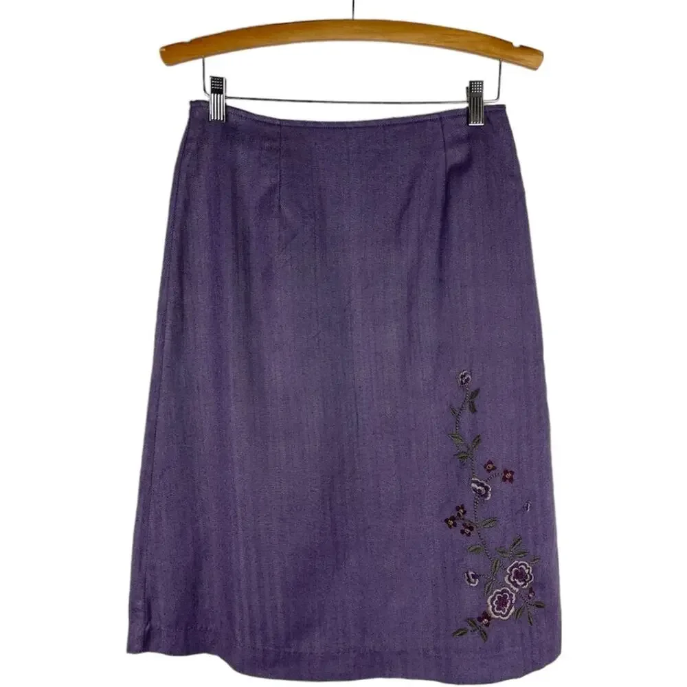 Vintage purple wool floral embroidered cottagecore herringbone midi skirt